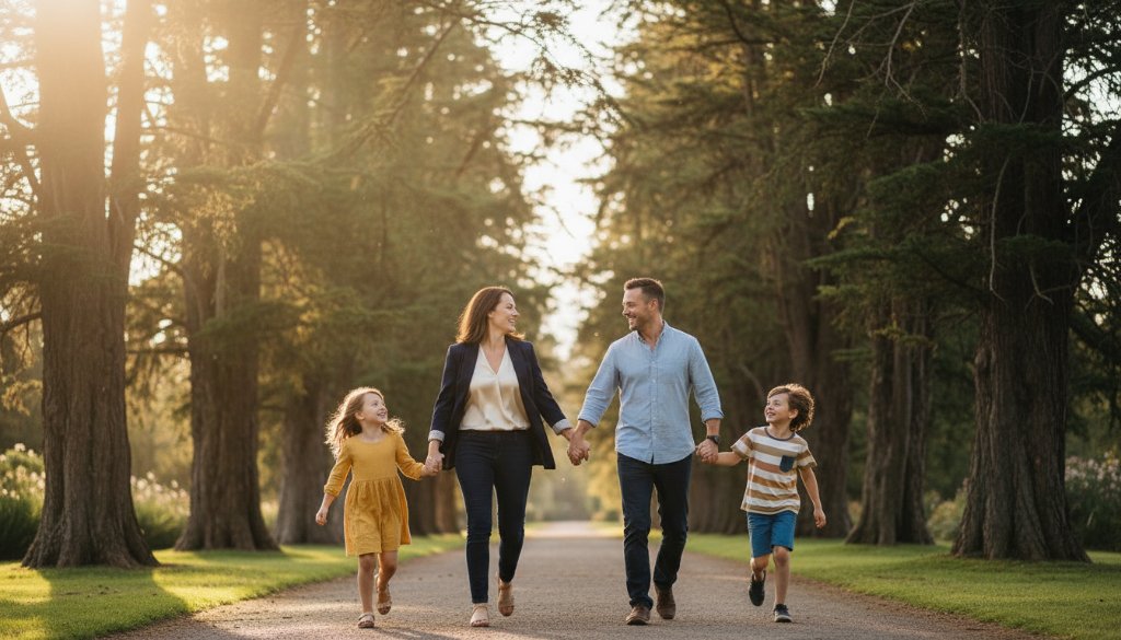 A heartwarming, candid photograph of a family laughing joyfully during an outdoor picnic in the lush Hamilton Botanic Gardens, perfectly illustrating capturing authentic candid family moments Hamilton Victoria, with golden hour lighting.