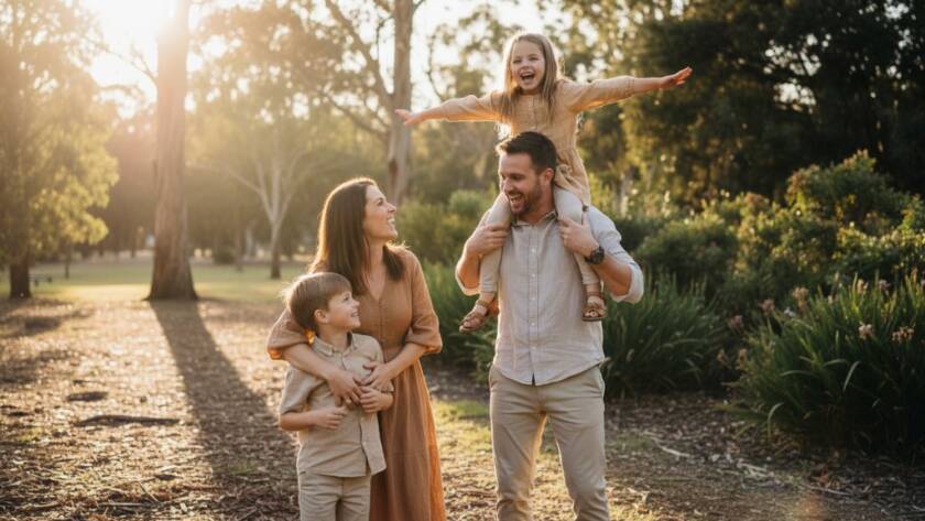 A heartwarming, dramatic photograph capturing authentic candid family moments Knoxfield, showing a family laughing joyously in a sun-dappled park, with children playing naturally, highlighting genuine connection and emotion.