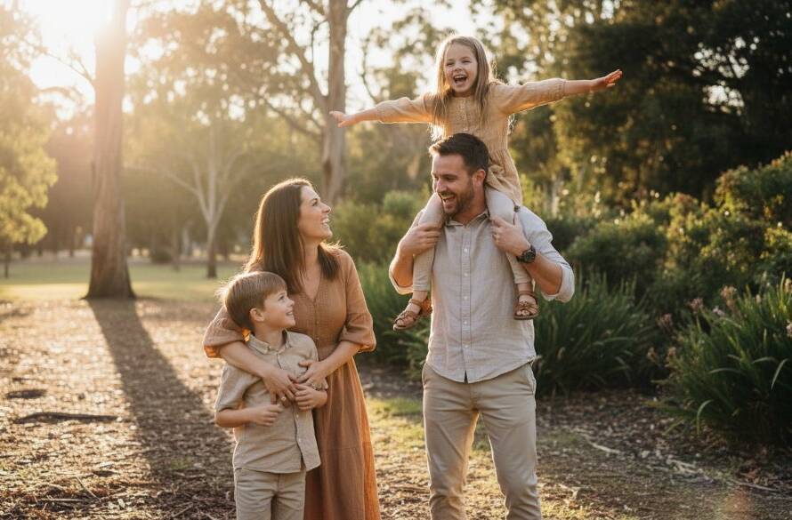A heartwarming, dramatic photograph capturing authentic candid family moments Knoxfield, showing a family laughing joyously in a sun-dappled park, with children playing naturally, highlighting genuine connection and emotion.