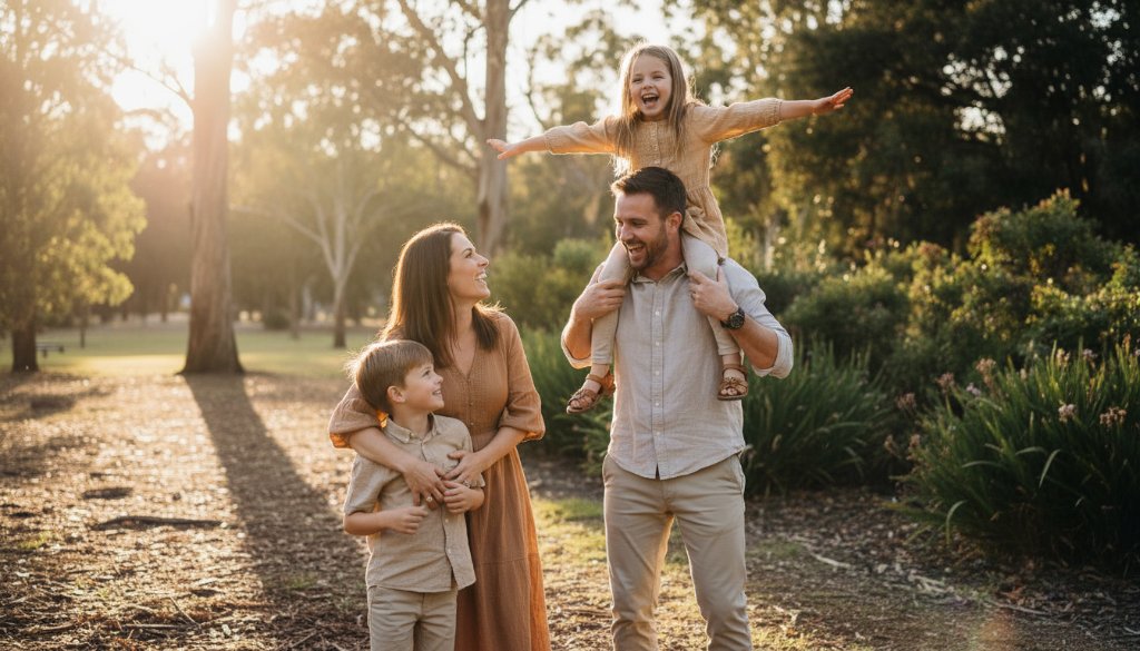A heartwarming, dramatic photograph capturing authentic candid family moments Knoxfield, showing a family laughing joyously in a sun-dappled park, with children playing naturally, highlighting genuine connection and emotion.