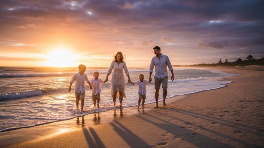 A family of four (two parents, two children) laughing joyfully on the sandy shores of Seabrook beach at sunset, with golden light reflecting on the water. This authentic candid family moment in Seabrook captures genuine happiness and connection, illustrating the beauty of unposed photography.