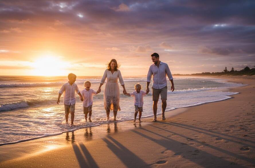 A family of four (two parents, two children) laughing joyfully on the sandy shores of Seabrook beach at sunset, with golden light reflecting on the water. This authentic candid family moment in Seabrook captures genuine happiness and connection, illustrating the beauty of unposed photography.