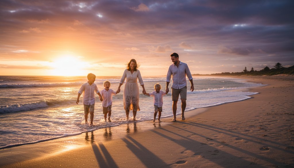 A family of four (two parents, two children) laughing joyfully on the sandy shores of Seabrook beach at sunset, with golden light reflecting on the water. This authentic candid family moment in Seabrook captures genuine happiness and connection, illustrating the beauty of unposed photography.