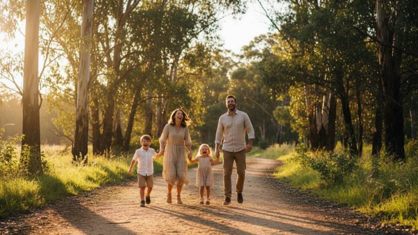A heartwarming, candid photograph of a family laughing joyfully together amidst the natural bushland of Warrandyte South, capturing authentic candid family moments Warrandyte South with golden hour light filtering through eucalyptus trees, embodying pure happiness and connection.