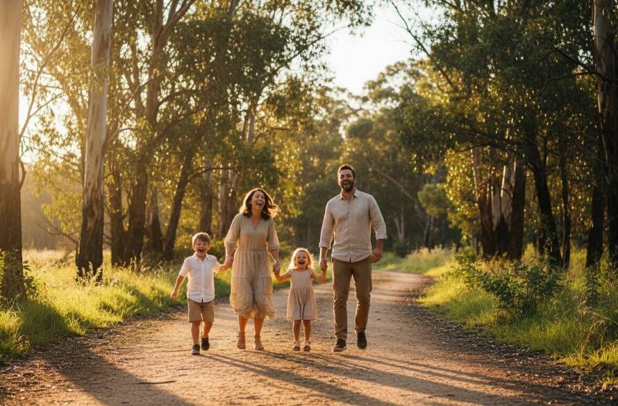 A heartwarming, candid photograph of a family laughing joyfully together amidst the natural bushland of Warrandyte South, capturing authentic candid family moments Warrandyte South with golden hour light filtering through eucalyptus trees, embodying pure happiness and connection.