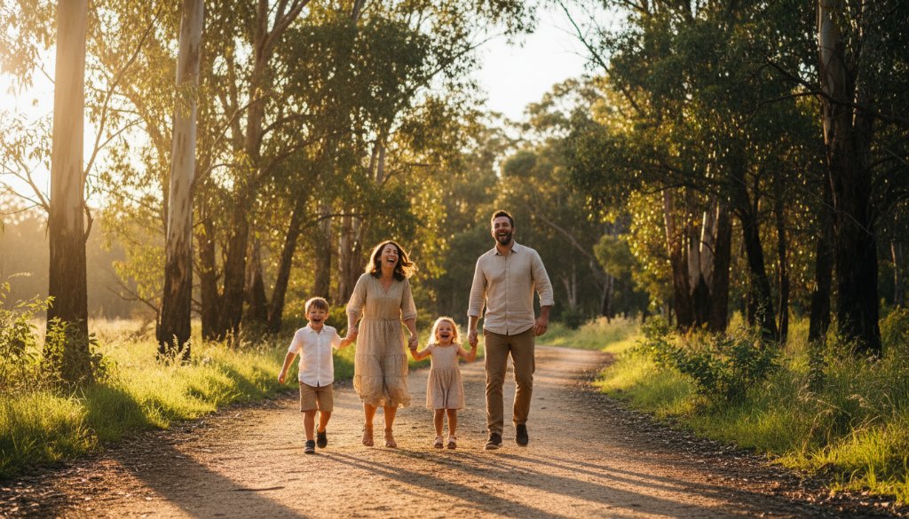 A heartwarming, candid photograph of a family laughing joyfully together amidst the natural bushland of Warrandyte South, capturing authentic candid family moments Warrandyte South with golden hour light filtering through eucalyptus trees, embodying pure happiness and connection.