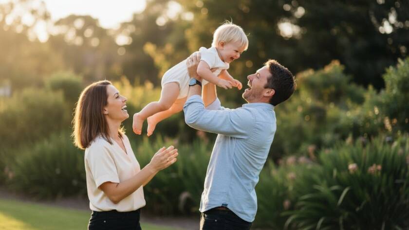 A heartwarming, sun-kissed photograph capturing authentic candid moments Armadale photographer style, featuring a family laughing joyfully during a picnic at Armadale Reserve, showcasing genuine connection and emotional depth.