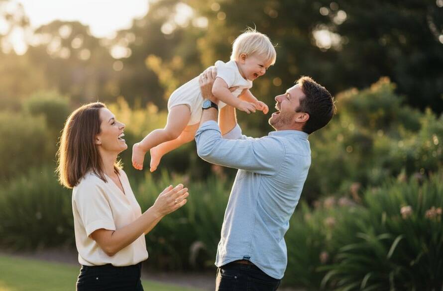 A heartwarming, sun-kissed photograph capturing authentic candid moments Armadale photographer style, featuring a family laughing joyfully during a picnic at Armadale Reserve, showcasing genuine connection and emotional depth.