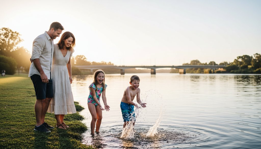 A wide shot capturing authentic candid moments Bairnsdale, featuring a family laughing joyfully by the Mitchell River, with the evening sun casting a warm glow and the Bairnsdale bridge visible in the background, showcasing genuine connection and professional colour grading.