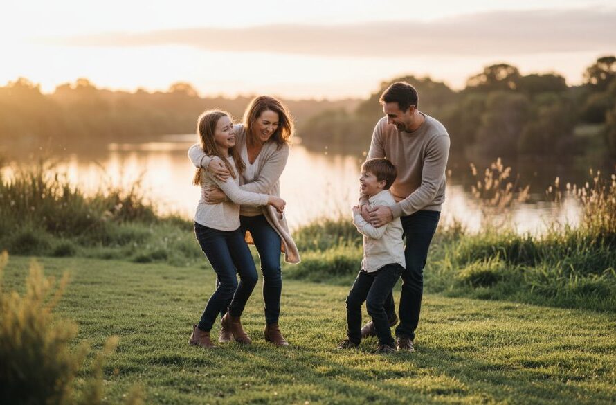 A heartwarming Capturing Authentic Candid Moments Highton Victoria photograph of a family of four, including two parents and two young children, caught in a genuine moment of laughter and connection at Balyang Sanctuary, Highton, at sunset, with the Barwon River subtly visible in the soft golden light.