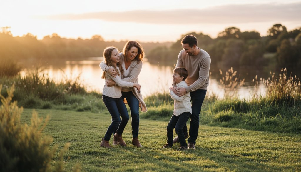 A heartwarming Capturing Authentic Candid Moments Highton Victoria photograph of a family of four, including two parents and two young children, caught in a genuine moment of laughter and connection at Balyang Sanctuary, Highton, at sunset, with the Barwon River subtly visible in the soft golden light.
