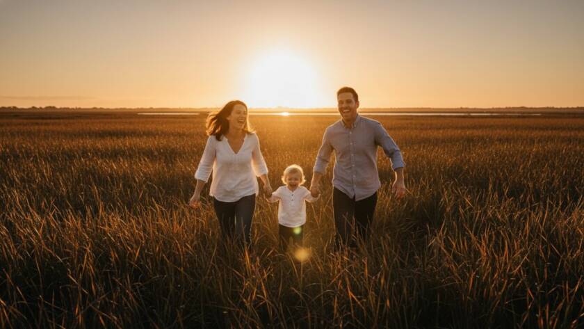 A breathtaking candid photograph capturing authentic candid moments Koo Wee Rup: A young couple laughing joyfully amidst the golden hour glow of the Koo Wee Rup wetlands, their genuine emotion perfectly preserved with dramatic backlighting and professional colour grading.