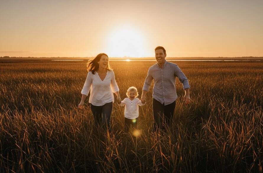 A breathtaking candid photograph capturing authentic candid moments Koo Wee Rup: A young couple laughing joyfully amidst the golden hour glow of the Koo Wee Rup wetlands, their genuine emotion perfectly preserved with dramatic backlighting and professional colour grading.