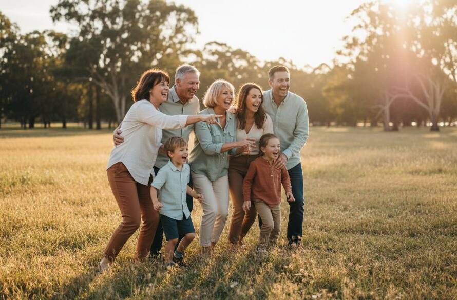 A heartwarming, sun-kissed candid shot of a family laughing joyfully in a park in Melton West, Victoria, showcasing the magic of capturing authentic candid moments Melton West with dramatic golden hour light.