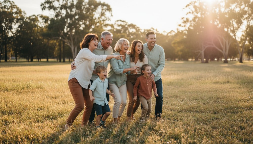 A heartwarming, sun-kissed candid shot of a family laughing joyfully in a park in Melton West, Victoria, showcasing the magic of capturing authentic candid moments Melton West with dramatic golden hour light.