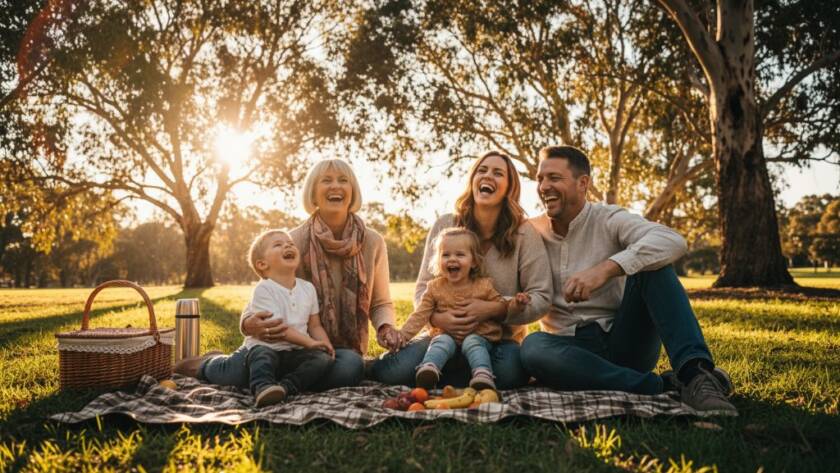 A wide-angle, cinematic photograph of a Mitcham family enjoying a genuine laugh together in a sun-drenched local park, Capturing authentic candid moments Mitcham families truly cherish, with golden hour light filtering through eucalyptus trees, highlighting their joyous expressions and connection.