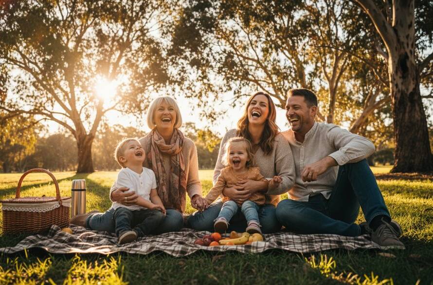 A wide-angle, cinematic photograph of a Mitcham family enjoying a genuine laugh together in a sun-drenched local park, Capturing authentic candid moments Mitcham families truly cherish, with golden hour light filtering through eucalyptus trees, highlighting their joyous expressions and connection.