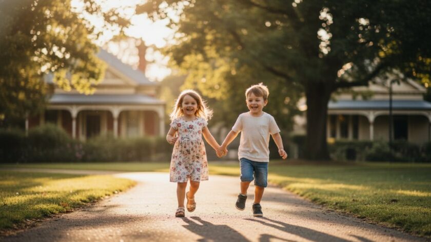 A heartwarming, candid photograph capturing authentic candid moments Soldiers Hill, featuring a family laughing joyfully during golden hour in a picturesque Soldiers Hill park, professionally lit and color-graded.