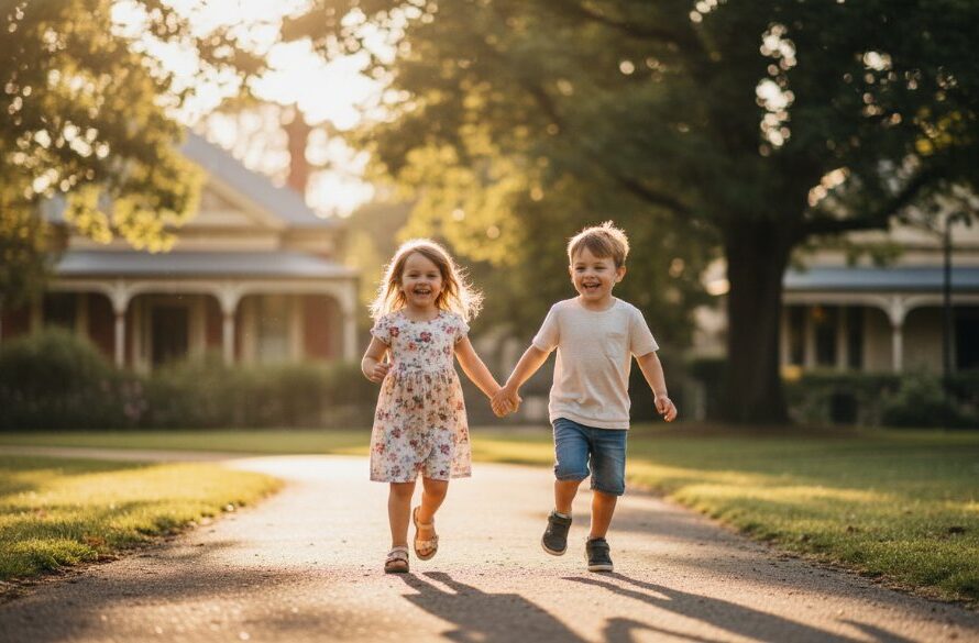 A heartwarming, candid photograph capturing authentic candid moments Soldiers Hill, featuring a family laughing joyfully during golden hour in a picturesque Soldiers Hill park, professionally lit and color-graded.
