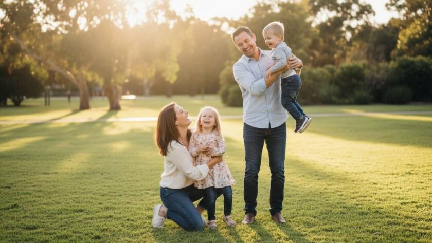 An epic moment capturing authentic candid moments Taylors Hill, featuring a family laughing joyfully during sunset in a Taylors Hill park, professionally shot with warm, golden hour light.