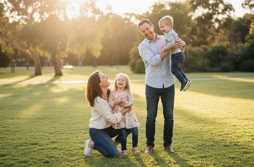 An epic moment capturing authentic candid moments Taylors Hill, featuring a family laughing joyfully during sunset in a Taylors Hill park, professionally shot with warm, golden hour light.