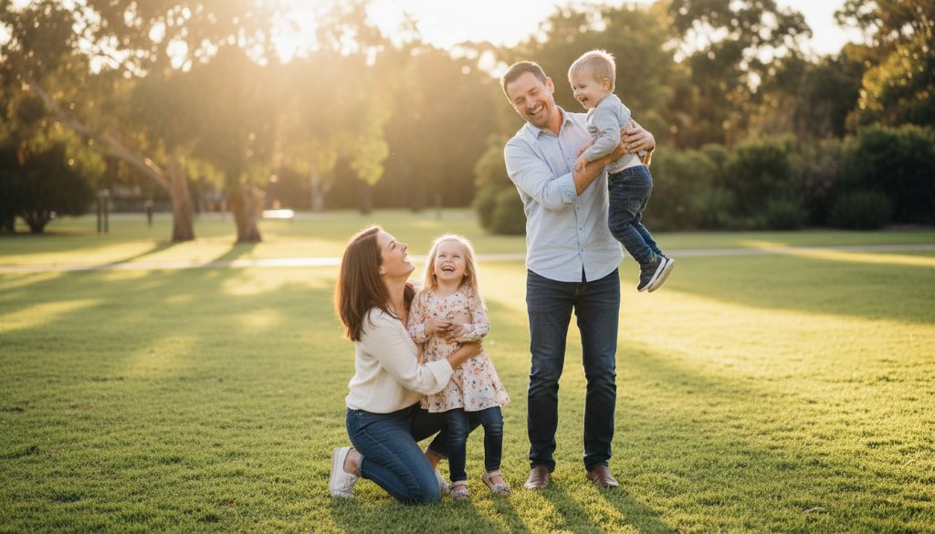 An epic moment capturing authentic candid moments Taylors Hill, featuring a family laughing joyfully during sunset in a Taylors Hill park, professionally shot with warm, golden hour light.