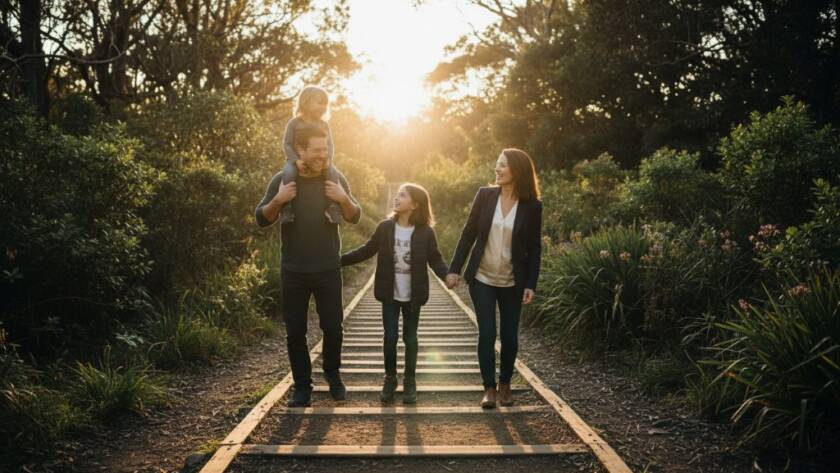 An emotionally resonant, wide-angle shot of a family laughing genuinely while hiking the 1000 Steps in Upper Ferntree Gully, bathed in golden hour light, perfectly Capturing Authentic Candid Moments Upper Ferntree Gully, with lush Dandenong Ranges foliage in the background, professional colour grading.