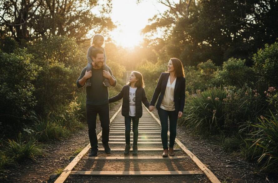 An emotionally resonant, wide-angle shot of a family laughing genuinely while hiking the 1000 Steps in Upper Ferntree Gully, bathed in golden hour light, perfectly Capturing Authentic Candid Moments Upper Ferntree Gully, with lush Dandenong Ranges foliage in the background, professional colour grading.