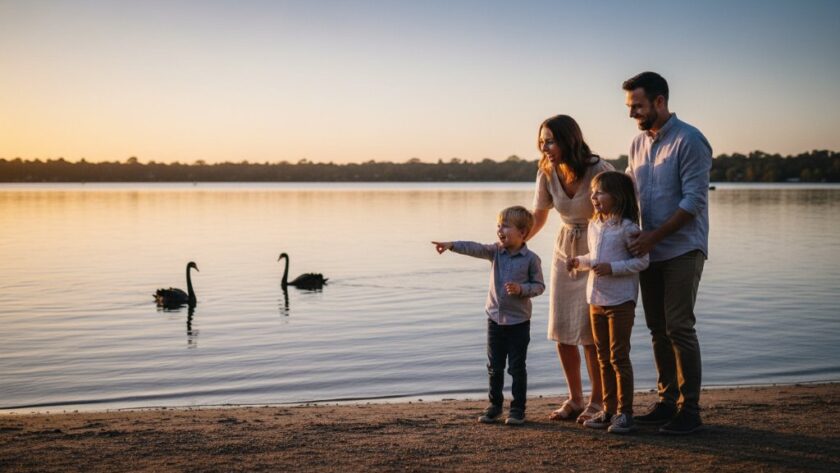 A heartwarming, candid photograph capturing authentic candid moments Wendouree, depicting a family laughing joyfully by Lake Wendouree at sunset, with golden light illuminating their faces and the iconic black swans in the background, a truly epic and emotionally resonant scene.
