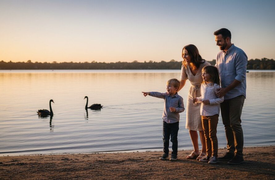 A heartwarming, candid photograph capturing authentic candid moments Wendouree, depicting a family laughing joyfully by Lake Wendouree at sunset, with golden light illuminating their faces and the iconic black swans in the background, a truly epic and emotionally resonant scene.