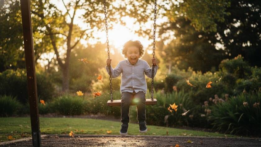 An epic moment capturing authentic childhood joy Mulgrave Victoria, featuring a child giggling while running through a sun-dappled park, with golden light illuminating their joyful expression and leaves scattering around them. Professional, cinematic shot.