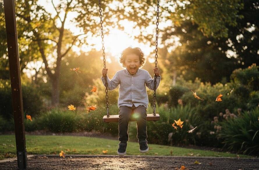 An epic moment capturing authentic childhood joy Mulgrave Victoria, featuring a child giggling while running through a sun-dappled park, with golden light illuminating their joyful expression and leaves scattering around them. Professional, cinematic shot.