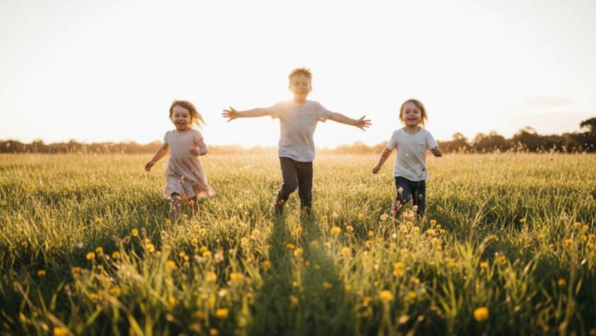 A wide-angle, sun-drenched photograph capturing authentic childhood joy Sunshine Victoria photography, showing three children laughing and running through a field of wildflowers at sunset near Kororoit Creek, their silhouettes backlit with golden light, a parent's hand reaching out playfully.