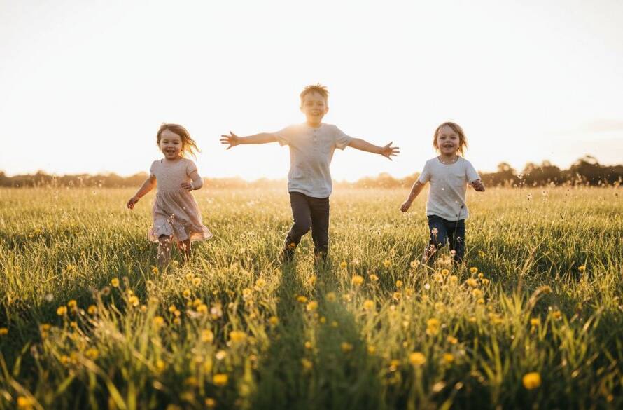 A wide-angle, sun-drenched photograph capturing authentic childhood joy Sunshine Victoria photography, showing three children laughing and running through a field of wildflowers at sunset near Kororoit Creek, their silhouettes backlit with golden light, a parent's hand reaching out playfully.