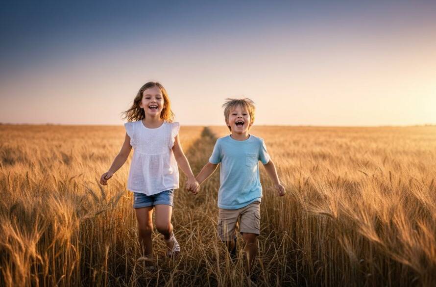 Two siblings laughing joyfully while running through golden fields at sunset near Taylors Hill, perfectly capturing authentic childhood moments Taylors Hill with dramatic backlighting and a warm, inviting atmosphere.
