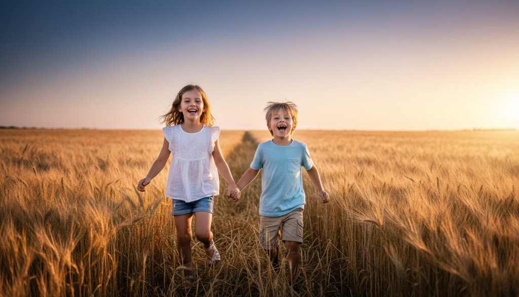 Two siblings laughing joyfully while running through golden fields at sunset near Taylors Hill, perfectly capturing authentic childhood moments Taylors Hill with dramatic backlighting and a warm, inviting atmosphere.