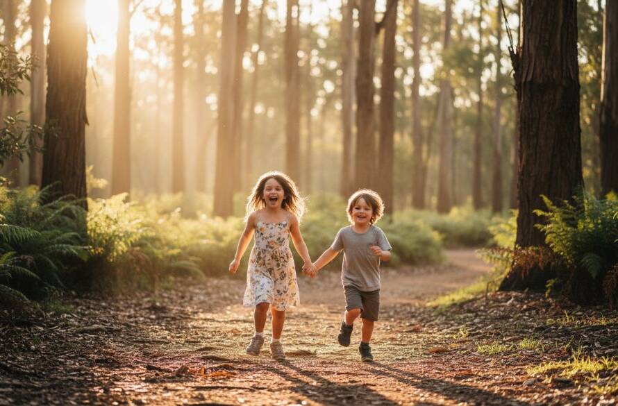 Epic moment photograph of two joyful children playing amongst sun-dappled eucalyptus trees in a Ferntree Gully park, embodying the spirit of Capturing authentic childhood photos Ferntree Gully. Professional, warm lighting, cinematic style.