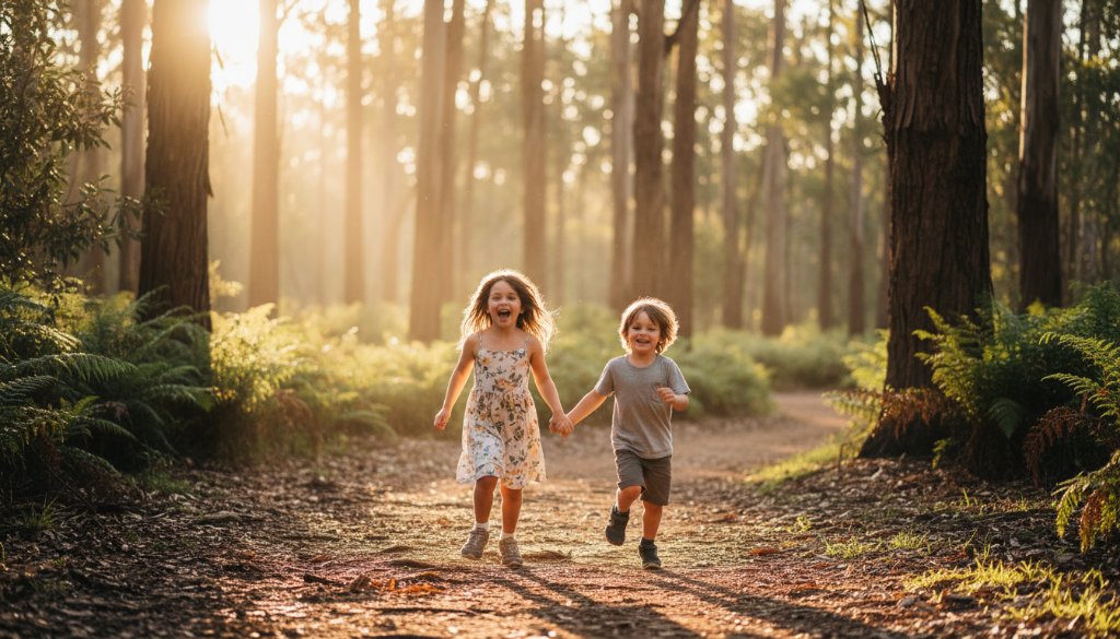 Epic moment photograph of two joyful children playing amongst sun-dappled eucalyptus trees in a Ferntree Gully park, embodying the spirit of Capturing authentic childhood photos Ferntree Gully. Professional, warm lighting, cinematic style.