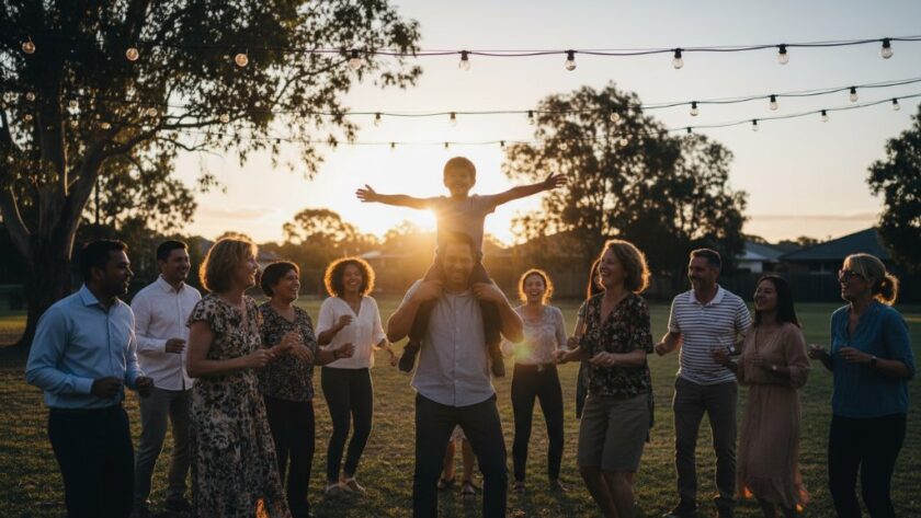 An epic moment photograph showcasing guests laughing and dancing under string lights at a vibrant outdoor party in Delacombe, Victoria, with a professional photographer's lens masterfully capturing authentic Delacombe party moments, vibrant colours, and genuine joy.