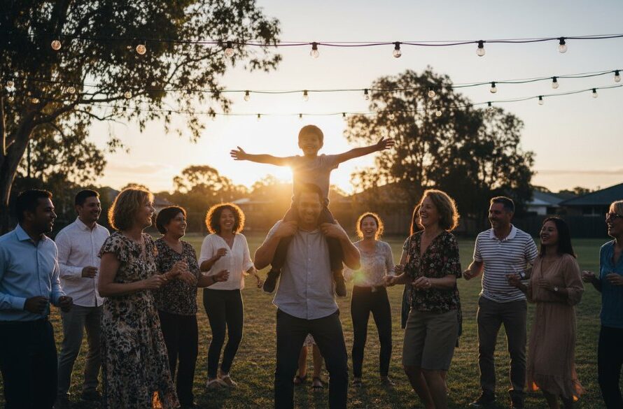 An epic moment photograph showcasing guests laughing and dancing under string lights at a vibrant outdoor party in Delacombe, Victoria, with a professional photographer's lens masterfully capturing authentic Delacombe party moments, vibrant colours, and genuine joy.