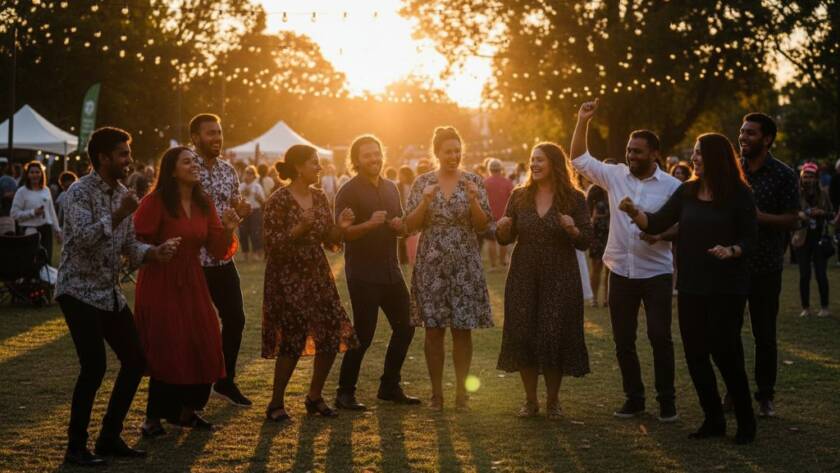 An epic moment of joy and celebration, with guests laughing and dancing under twinkling lights at a community festival in Doveton, perfectly illustrating 'Capturing Authentic Doveton Event Memories with Professional Photography'. The scene is professionally lit, vibrant, and filled with genuine emotion.