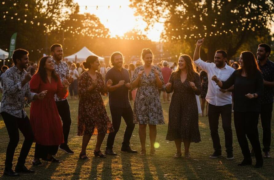 An epic moment of joy and celebration, with guests laughing and dancing under twinkling lights at a community festival in Doveton, perfectly illustrating 'Capturing Authentic Doveton Event Memories with Professional Photography'. The scene is professionally lit, vibrant, and filled with genuine emotion.