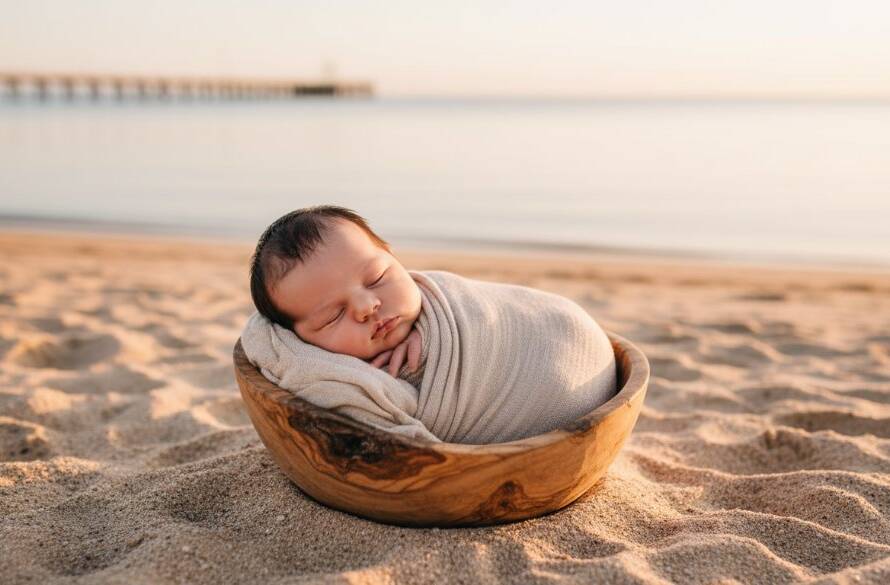 A serene, cinematic photograph capturing authentic Edithvale newborn photography moments at sunrise, with a sleeping baby swaddled peacefully in a rustic basket on the sand, dramatic soft golden light illuminating the scene, and gentle waves in the background, evoking a sense of calm and new beginnings.