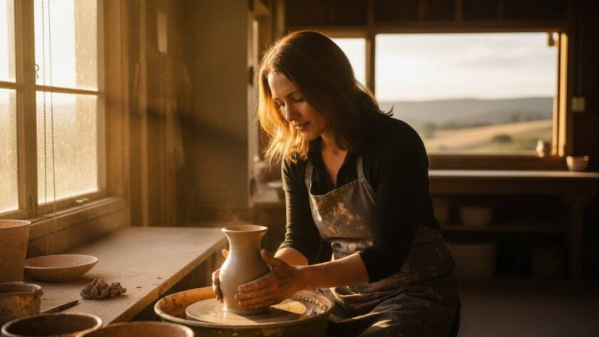 An epic moment of a local artisan intensely focused on their craft amidst the rustic, sun-dappled surroundings of Wonga Park, featuring dynamic editorial photography Wonga Park style, captured with dramatic, natural lighting.
