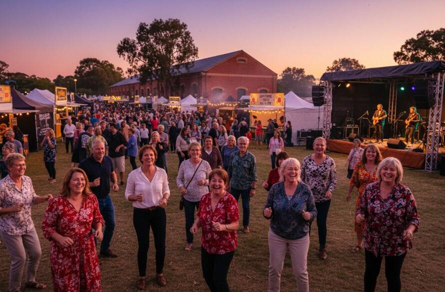 A vibrant, low-angle shot of guests cheering and raising glasses in celebration at a beautifully decorated outdoor event in Newport, Victoria, with the city skyline subtly visible in the background, perfectly Capturing authentic event joy Newport Victoria. The scene is bathed in golden hour light, showing genuine happiness and dynamic interaction.