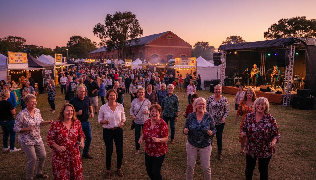 A vibrant, low-angle shot of guests cheering and raising glasses in celebration at a beautifully decorated outdoor event in Newport, Victoria, with the city skyline subtly visible in the background, perfectly Capturing authentic event joy Newport Victoria. The scene is bathed in golden hour light, showing genuine happiness and dynamic interaction.