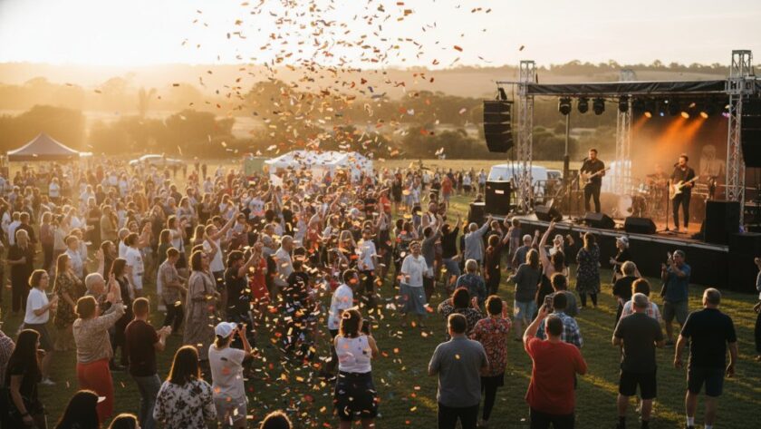A wide-angle, vibrant, professionally color-graded photograph capturing authentic event joy Waurn Ponds Victoria at a lively outdoor community festival, with a diverse crowd cheering, confetti falling, and a band performing on stage under dramatic sunset lighting, showcasing an epic moment of collective celebration and energy.