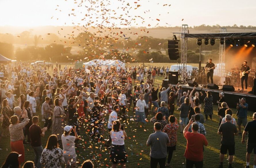 A wide-angle, vibrant, professionally color-graded photograph capturing authentic event joy Waurn Ponds Victoria at a lively outdoor community festival, with a diverse crowd cheering, confetti falling, and a band performing on stage under dramatic sunset lighting, showcasing an epic moment of collective celebration and energy.