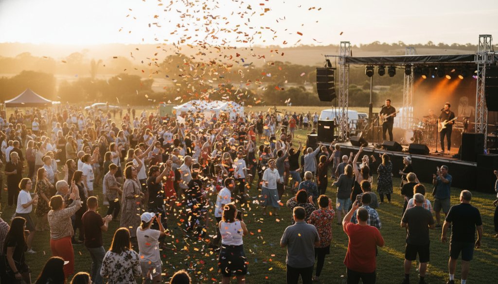A wide-angle, vibrant, professionally color-graded photograph capturing authentic event joy Waurn Ponds Victoria at a lively outdoor community festival, with a diverse crowd cheering, confetti falling, and a band performing on stage under dramatic sunset lighting, showcasing an epic moment of collective celebration and energy.