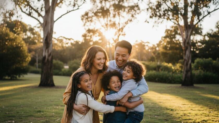 A heartwarming, candid moment of a diverse family laughing and embracing at sunset in a beautiful Ringwood park, showcasing authentic family joy Ringwood VIC, with golden hour light and lush Australian native foliage, professionally colour graded.